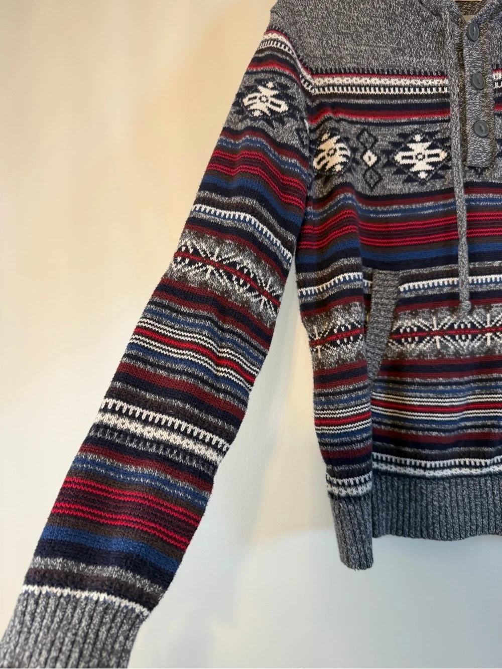 Ruff Hewn Gray Hooded Crewneck Sweater with Red and Navy Stripes